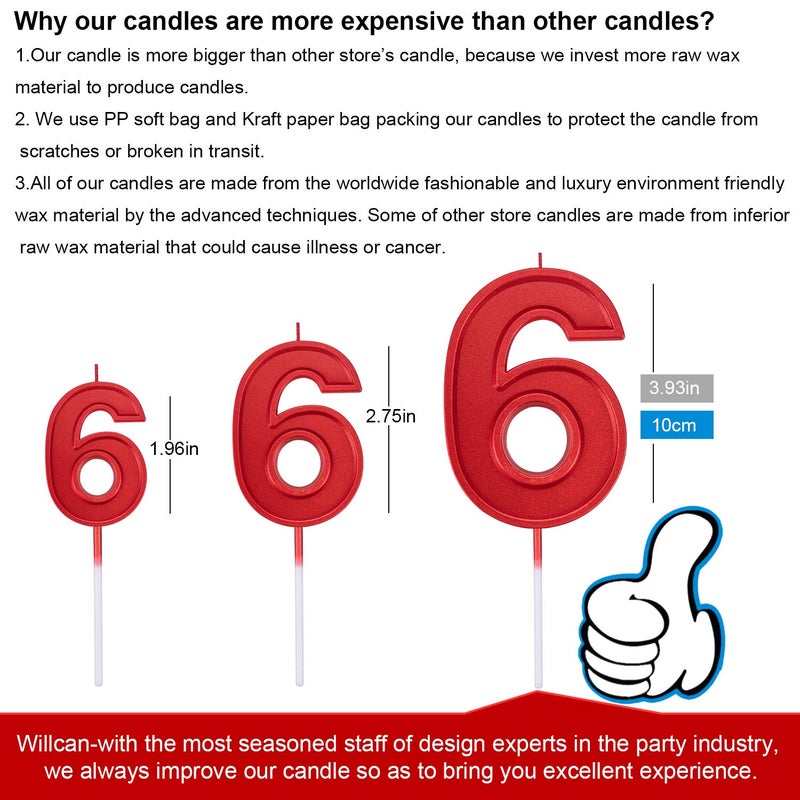 Willcan 3.93in Big Size Happy Birthday Metallic Red 6 Candles,Happy Birthday Cake Cupcake Toppers Decoration and Celebrating for Adults/Kids Party or Family Baking (3.93in red Number 6) - Image 2